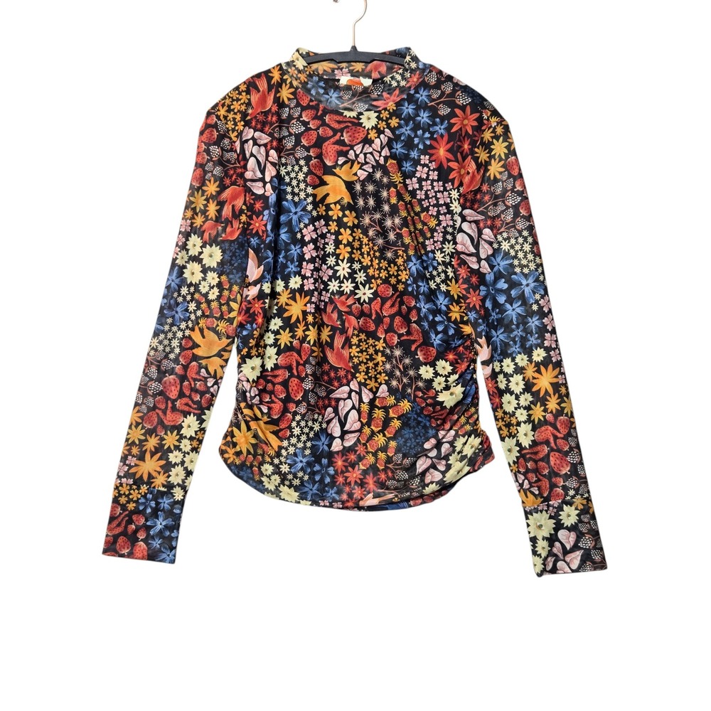 FARM Rio Juju's Garden Mock Neck Sheer Blouse XL Floral Fall Artsy Maximalist